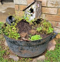 PLANTERS AND CAST IRON POT IN YARD