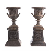 Pair Victorian style cast iron garden urns