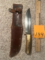 Handmade fixed blade, stag handle knife and sheath