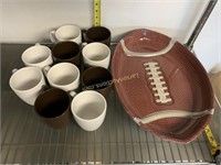 2 plastic football trays and 10 Correlle coffee