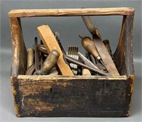 Old Wood Tool Carrier With Tools
