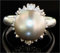 Platinum Gray Pearl & Natural Diamond Ring