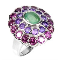 Natural Colombian Emerald Amethyst Rh-Garnet Ring