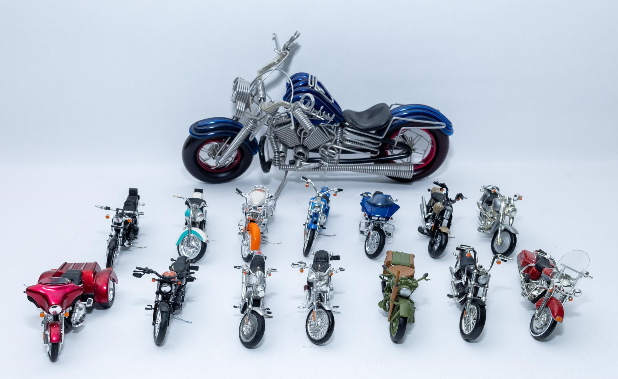 Collection of motorcycle ornaments and art