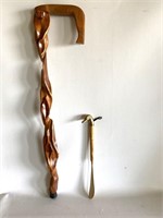 Hand Carved Wood Cane & Shoe Horn