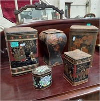 Collection of old Tea Tins with Oriental Panels