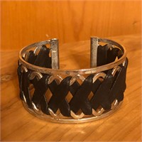 Silver Tone & Black Leather Cuff Bracelet