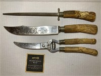 Carved Bone Handled Knife/Honer/Shear Set