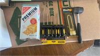 BOX WITH SCREWDRIVERS, CRACKER TIN, MALLET