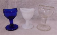 3 vintage glass eye wash cups: Cobalt - Milk