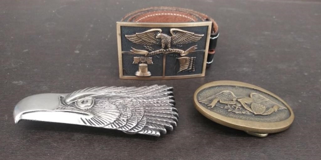 3 Patriotic Belt Buckles, 40" Leather Belt