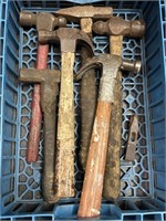 6 hammers, some handles taped, in RC cola crate
