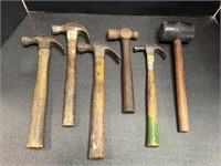 Variety of hammers, rubber mallet, wood handles