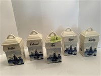 5 Blue and White Canisters made in Germany