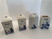 4 Blue and White Canisters Dutch scenes