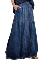 C809  Chouyatou Maxi Denim Skirt, Dark Blue, Large