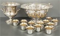 Silverplate punch bowl, ladle, 12 cups & a