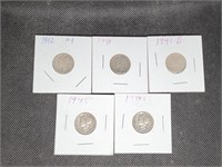 Lot of 5 Mercury Dimes: 1941, 1941 D, 1942, 1944