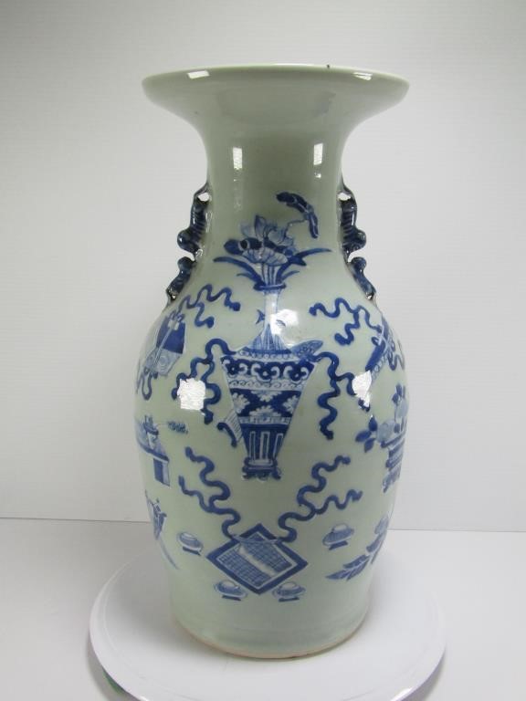 BLUE PAINTED CERAMIC VASE 16.75" TALL