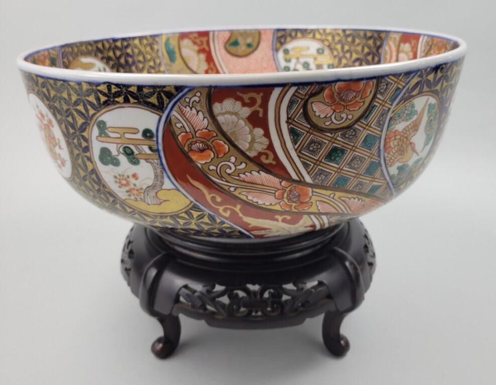 Large Vintage Japanese Imari Bowl & Wood Base.