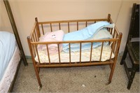 Antique Wooden Cradle Baby Bed w New Blanket