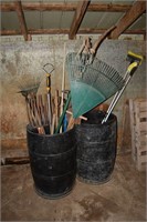 2 BARRELS OF ASSORTED GARDEN TOOLS