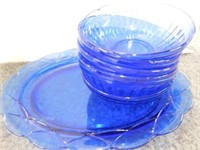 blue glass tray - bowls - all w/chips
