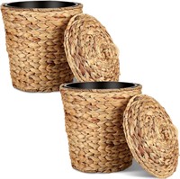 2 Sets Wicker Trash Can with Lid Plastic Insert