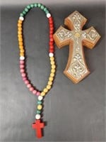 Wooden Cross & Colorful Beaded Rosary