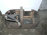 Basket with contents: hand tools, drill bits,