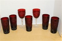 SELECTION OF RED CUT GLASS TUMBLERS AND MORE