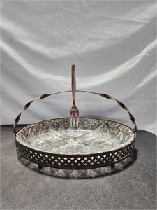 Glass Divided Relish Tray with Metal Holder & Fork