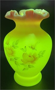 Fenton 6.5" Burmese Hand Painted Ruffled Vase