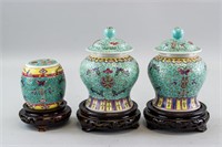 3 Chinese Famille Verte Porcelain Jars Jingdezhen