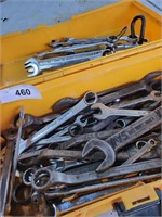 Yellow tool box w/assorted wrenches