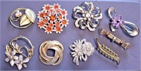 lot of 9 Vintage Pins & Brooches Rhinestones