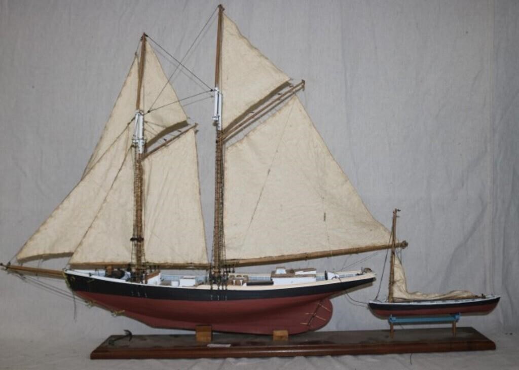 20TH C. WOODEN SHIP MODEL, SCHOONER WITH DORY IN