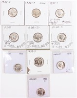 Coin 10 BU Mercury Dimes 1935-1939-S  Nice!