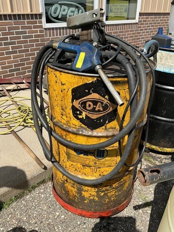 55 Gal Barrel with electric pump, on barrel cart,