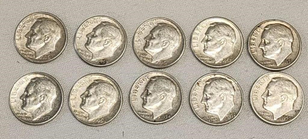 10- Roosevelt Dimes 90% silver
