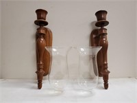 Wood wall sconce, glass hurricanes (2)