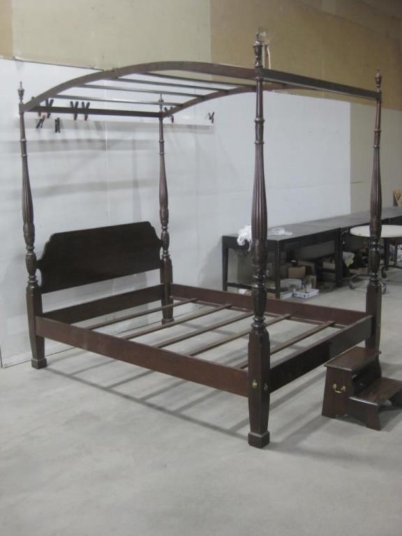 Ethan Allen Queen Wood Canopy Bed & Step Bench See