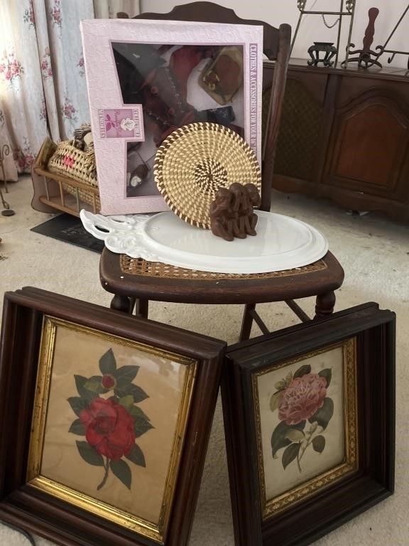 Came bottom chair, sweet grass, trivet, doll