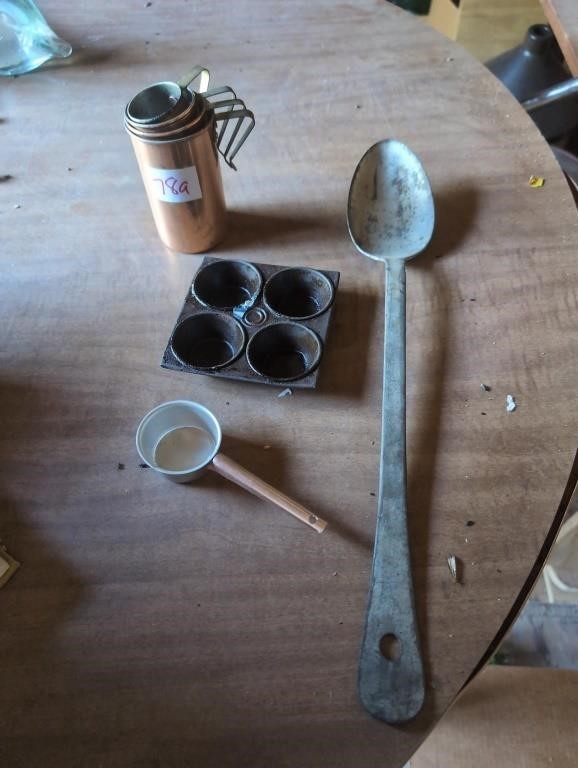 Copper measure cups, heavy metal spoon, vintage