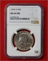 1954 D Franklin Silver Half Dollar NGC MS64 FBL