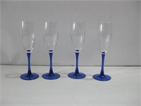 Four 8" Blue Stemmed Champagne Glasses