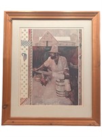 Framed Man and Rooster Print, Bart Forbes, Signed