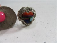 Signed sz8.75 Pawn Ring w/ Heart Inlay Zuni Style
