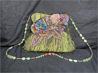 Mary Frances Green Pleated Beaded Shoulder Bag