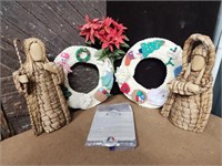 Lot of two handmade wreaths and Nativity straw